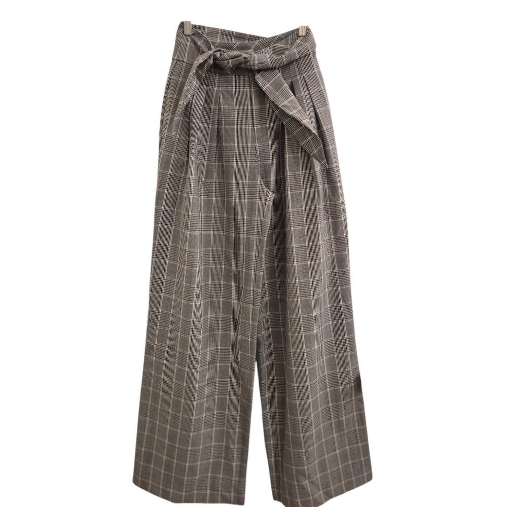 Gray Plaid Wide Leg Pants Tie Front High Rise Trousers Size: 0 - Picture 4 of 10